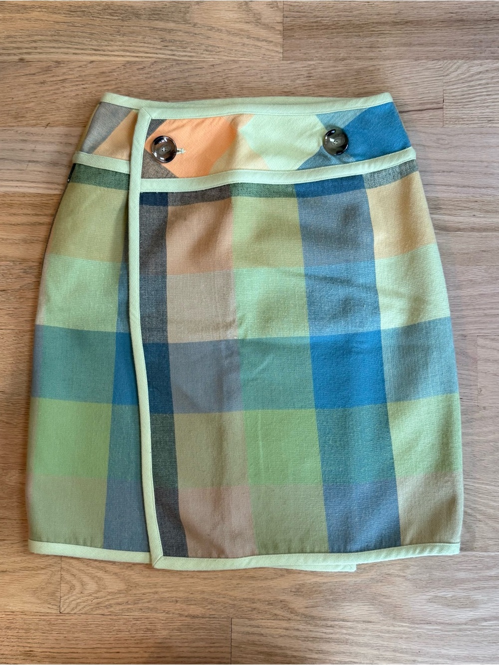 Vintage Y2K Nine & Co. Pastel Plaid Wrap Mini Skirt | Green, Blue, Peach | 4